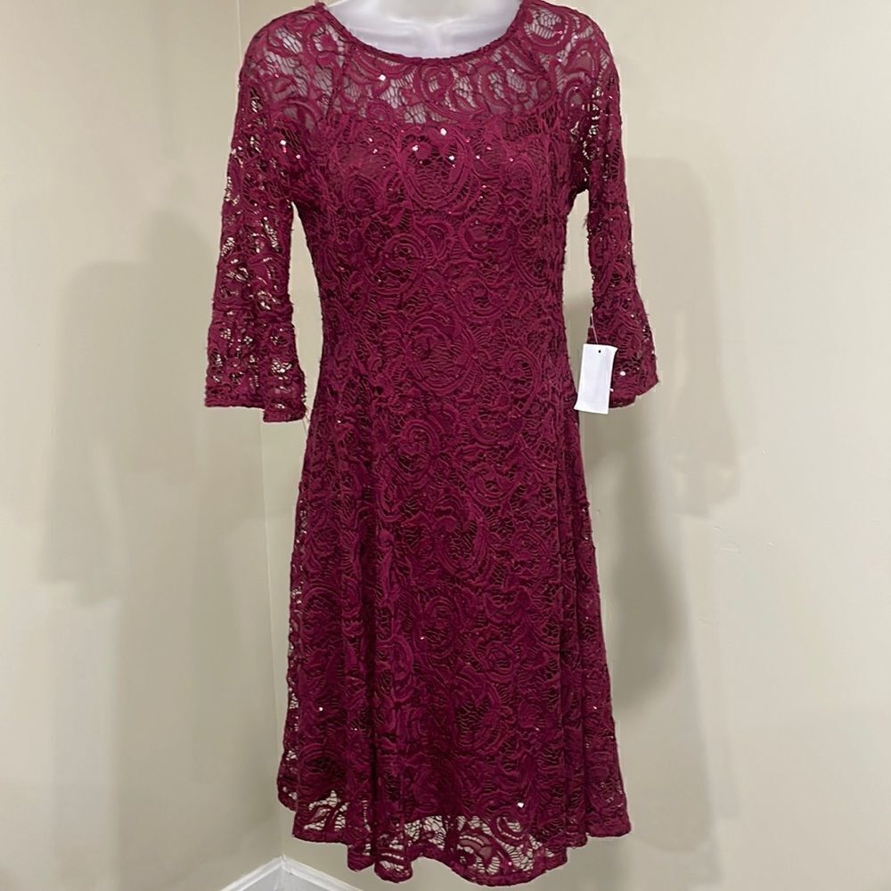 NWT Chris McLaughlin Burgundy Lace and Sequin Dress. Size 6 S Small